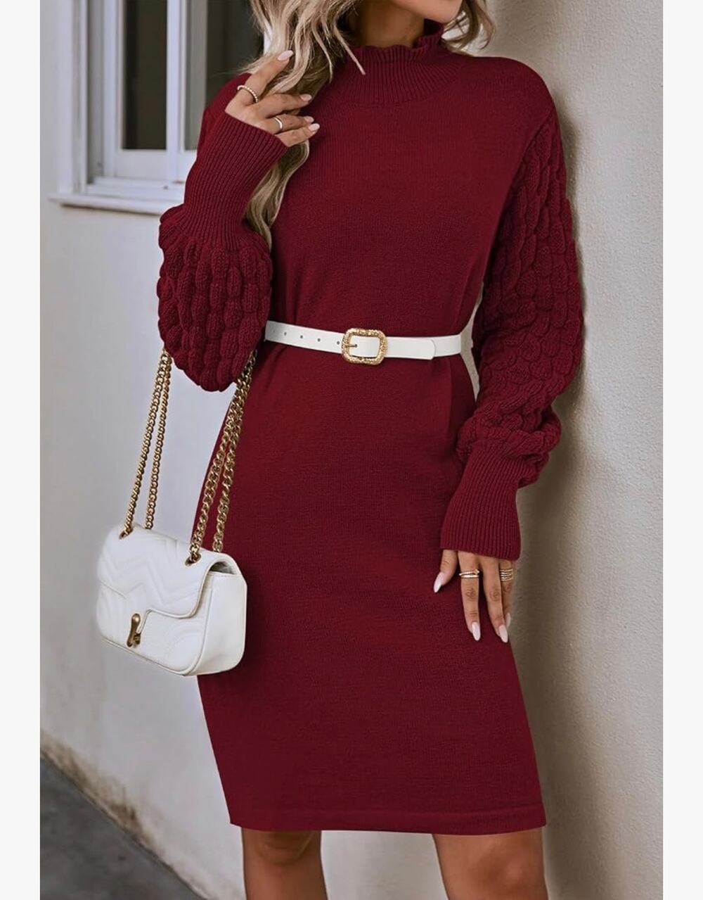 Women's Long Sleeve Sweater Mini Dress Casual Loose Mock Neck Empire Waist